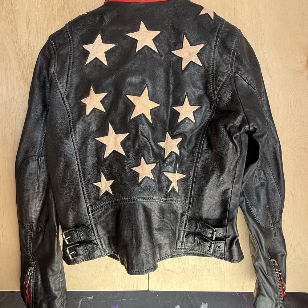 Star-Embellished Black Leather Jacket